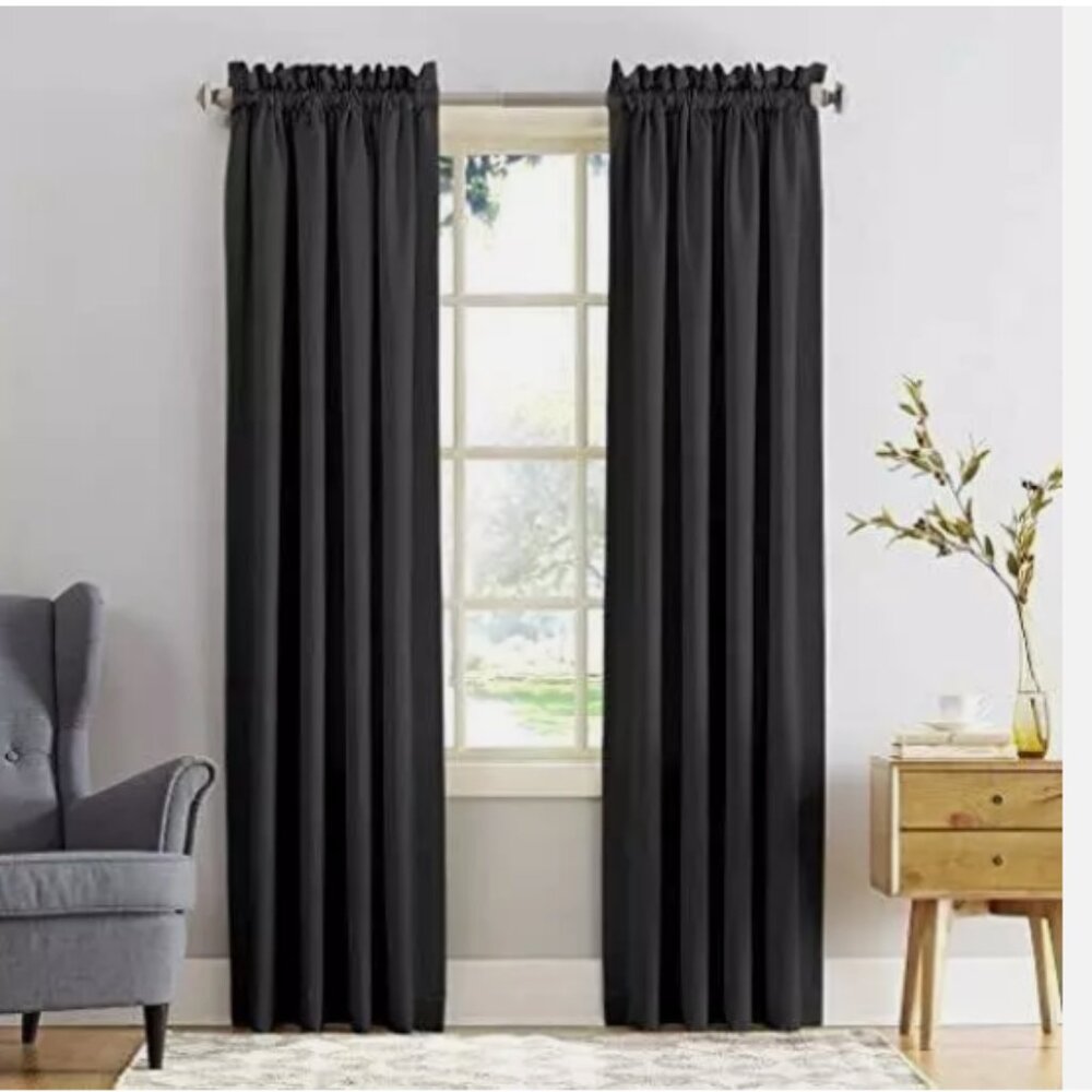 Sun Zero Barrow Energy Efficient Rod Pocket Curtain Single Panel, 54" x 84", Blk